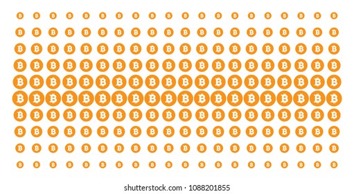 Bitcoin coin icon halftone pattern, constructed for backgrounds, covers, templates and abstraction effects. Vector Bitcoin coin items organized into halftone grid.