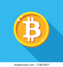 Bitcoin coin icon, vector sign payment symbol. Crypto currency, virtual electronik, internet money. Embleme isolated on blue. Cryptocurrency e-commerce concept. Color Flat design for web site