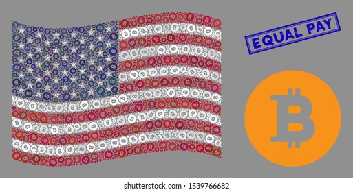 Bitcoin coin items are organized into American flag abstraction with blue rectangle corroded stamp seal of Equal Pay text.