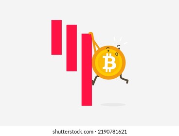 Bitcoin coin keeps on the downtrend bar. Cryptocurrency cartoon concept.