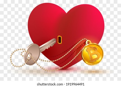 Bitcoin coin key to heart. Conceptual drawing symbol love red heart shape. Icon illustration vector isolated