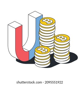 Bitcoin coin magnet. Vector 3d line isometric, color web icons, new flat style. Creative illustration, design idea for infographics.