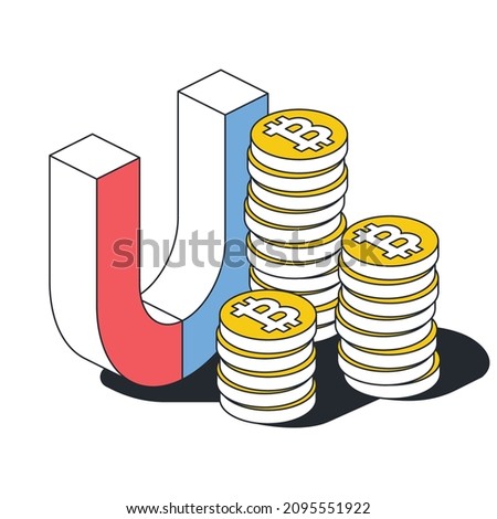 Bitcoin coin magnet. Vector 3d line isometric, color web icons, new flat style. Creative illustration, design idea for infographics.