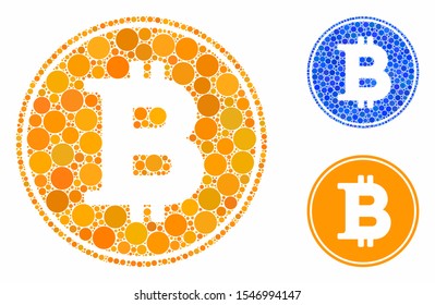 Bitcoin coin mosaic of circle elements in various sizes and shades, based on Bitcoin coin icon. Vector circle elements are composed into blue composition.