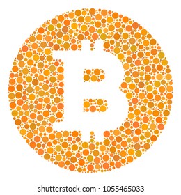 Bitcoin Coin mosaic of dots in various sizes and color shades. Circle elements are organized into bitcoin coin vector composition. Vector illustration.