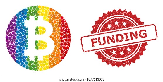 Bitcoin coin mosaic icon of spheric blots in various sizes and LGBT color tinges, and Funding grunge rosette stamp seal. A dotted LGBT-colored Bitcoin coin for lesbians, gays, transgenders,