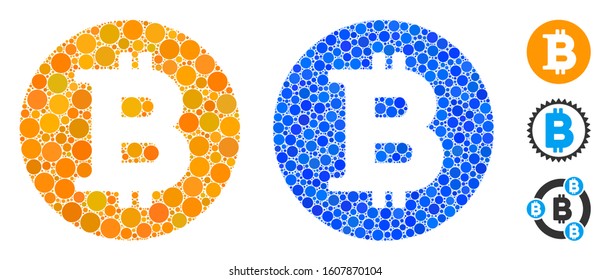Bitcoin coin mosaic of round dots in various sizes and color tints, based on Bitcoin coin icon. Vector random circles are grouped into blue mosaic. Dotted Bitcoin coin icon in usual and blue versions.