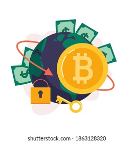 Moneda de Bitcoin en el fondo del planeta. Tecnologías de Blockchain, bitcoins, altcoins, finanzas, mercado monetario digital, criptodivisa. Ilustración vectorial, concepto.
estilo plano.