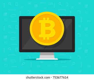 Bitcoin coin on computer vector illustration, flat cartoon design concept of cryptocurrency mining, bitcoin electronic money wallet, e-wallet cash, internet blockchain money
