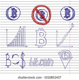 Bitcoin coin on copybook background. Bitcoin in red sign. Growth bitcoin graph. Crypto money is prohibited. Hand drawn vector illustration.