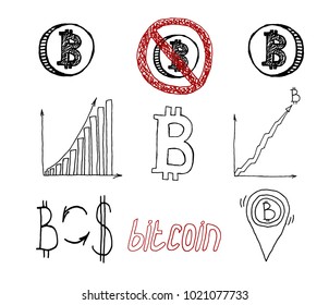 Bitcoin coin on white background. Bitcoin in red sign. Growth bitcoin graph. Crypto money is prohibited. Hand drawn vector illustration.