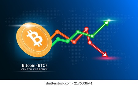 Moneda de Bitcoin anaranjada. Símbolo de criptodivisa con gráfico de inversión en bolsa verde y rojo. Concepto de negocios de tendencias económicas. Ilustración vectorial 3D.
