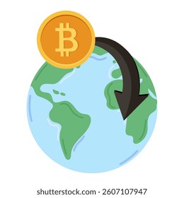 Bitcoin coin over globe with big arrow representing international crypto transactions, global digital payments and blockchain finance for fintech apps, websites, banners and presentations.
