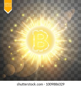 Bitcoin coin over golden explosion background with glitters stars and sparkles and neon glare on transparent background. Vector