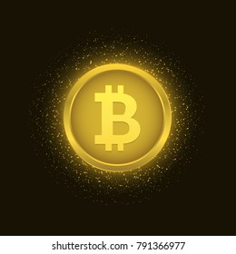 Bitcoin coin over golden explosion background with glitters stars and sparkles