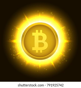 Bitcoin coin over golden explosion background with glitters stars and sparkles