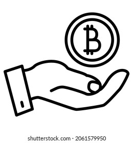 Eine Bitcoin-Münze über einer offenen Palme. Zahlung in elektronischer Währung. Symbol, Vektorgrafik, Umriss, einzeln, 48 Pixel. Bearbeitbarer Strich.