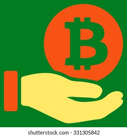 Bitcoin Coin Payment vector icon. Style is flat bicolor orange and yellow symbol, rounded angles, green background.