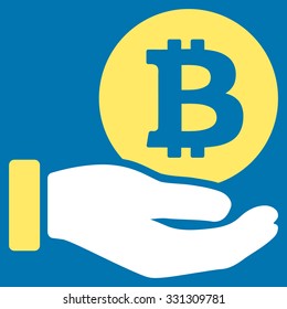 Bitcoin Coin Payment vector icon. Style is flat bicolor yellow and white symbol, rounded angles, blue background.