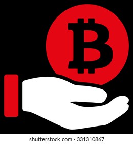 Bitcoin Coin Payment vector icon. Style is flat bicolor red and white symbol, rounded angles, black background.