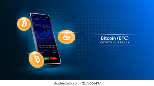 Bitcoin coin and Phone. App for trading crypto currency on the touch screen smartphone. Data analytics stock market. Mobile banking cryptocurrency. Vector 3d. 
