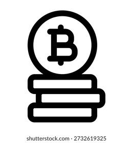 A Bitcoin coin placed on top of a stack of three rectangular layers simulating chips or blocks. Minimalist black and white vector illustration representing crypto wealth accumulation, savings growth, stacking satoshis, or digital asset storage.