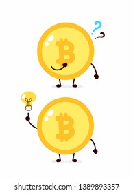 Bitcoin coin with question mark and lightbulb character. Vector flat cartoon character illustration icon design. Isolated on white background. Crypto currency,Bitcoin have idea concept