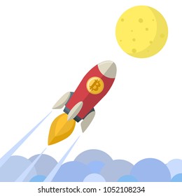 Bitcoin cohete de monedas volando ir a la luna ilustración de dibujos animados. Concepto de crecimiento de criptomoneda sobre blanco