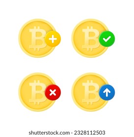 Moneda de bitcoin con pictogramas diferentes. conjunto de iconos vectoriales de 3 d