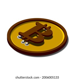 Signo de moneda de bitcoin con sombra isométrica. Ilustración vectorial.