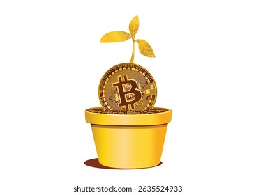 Uma moeda Bitcoin germinando de um vaso de flores com folhas verdes simbolizando o crescimento e o investimento em criptomoeda para a prosperidade financeira.
