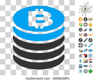 Bitcoin Coin Stack icon with bonus bitcoin mining and blockchain pictographs. Vector illustration style is flat iconic symbols. Designed for crypto-currency software.