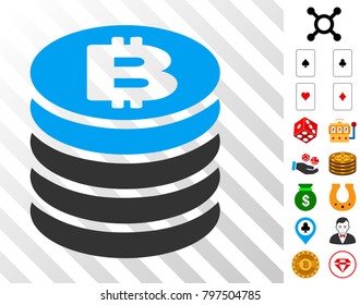 Bitcoin Coin Stack icon with bonus gamble pictures. Vector illustration style is flat iconic symbols. Designed for gamble apps.