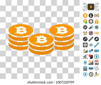 Bitcoin Coin Stacks icon with bonus bitcoin mining and blockchain graphic icons. Vector illustration style is flat iconic symbols. Designed for crypto-currency websites.