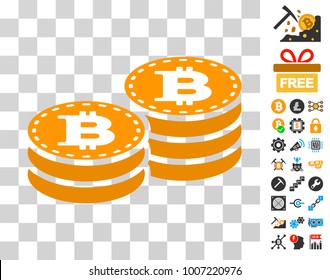 Bitcoin Coin Stacks icon with bonus bitcoin mining and blockchain images. Vector illustration style is flat iconic symbols. Designed for crypto currency apps.