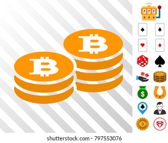 Bitcoin Coin Stacks pictograph with bonus gambling symbols. Vector illustration style is flat iconic symbols. Designed for gambling gui.