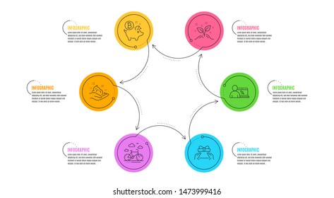 Bitcoin coin, Startup concept and Skin care signs. Infographic timeline. Bike rental, Online education and Give present line icons set. Bicycle, Internet lectures, Receive a gift. Piggy bank. Vector