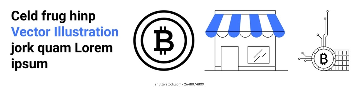 Bitcoin, vitrine com toldo azul e placa de circuito com símbolo Bitcoin. Ideal para criptomoeda, fintech, e-commerce, blockchain, gerenciamento de ativos digitais, varejo on-line, financeiro