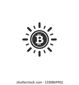 Bitcoin coin with sun ray icon in simple design. Vector illustration.