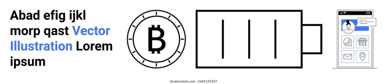 Bitcoin coin symbol, battery charging icon, mobile interface mockup. Ideal for fintech, cryptocurrency, blockchain, mobile apps, digital currency, power management, UXUI design. Landing page