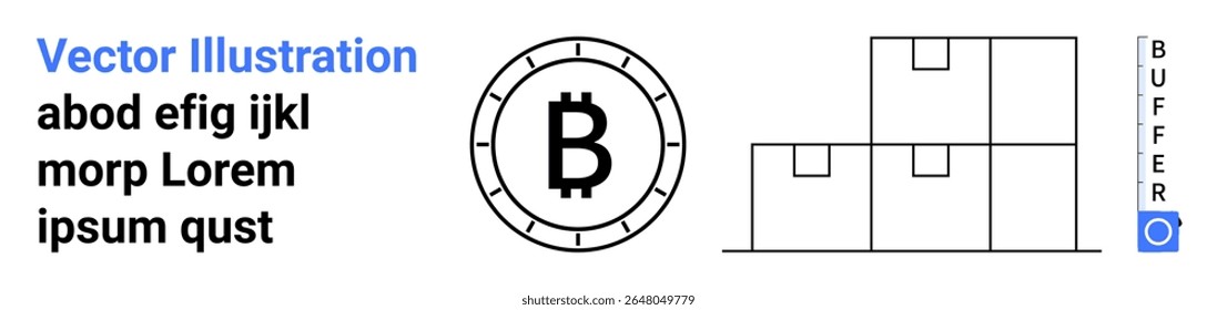Símbolo de moeda Bitcoin em preto, texto de espaço reservado em preto, símbolo de buffer à direita, caixas empilhadas em contorno preto. Ideal para criptomoeda, fintech, blockchain, moeda digital, investimento, tecnologia