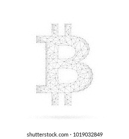 Bitcoin coin symbol isolated on white background in abstract polygon blockchain technology network style. Bitcoin Gold, Cash blockchain hard fork concept. Fintech and digital cryptocurrency concept.