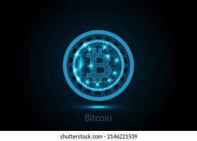 Bitcoin coin symbol with lights and wireframe low poly style. Modern neon color logo or icon for crypto coin exchange. Cryptocurrency Blockchain technology, digital innovation or trade exchange.