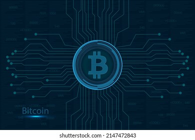 Bitcoin coin symbol with lights and wireframe circuit. Modern neon color logo or icon for crypto coin exchange. Cryptocurrency Blockchain technology, digital innovation or trade exchange.