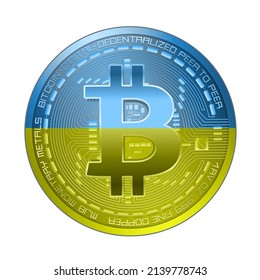 Bitcoin coin in Ukrainian flag colors, isolated on white background vector