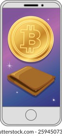 Bitcoin coin and wallet on mobile screen