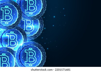 Bitcoin coins banner in futuristic glowing style on blue background. Virtual cryptocurrency.