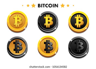 Bitcoin coins. Cartoon Gold and black Bitcoin icon. Digital or Virtual currencies coin and electronic cash