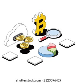 Bitcoin coins, cloud, chart. Vector 3d sketch line isometric style, color icon illustration. Creative design idea and infographics elements.