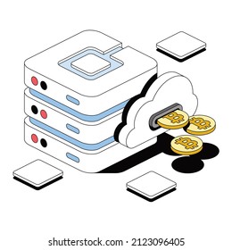 Bitcoin coins, cloud server. Vector 3d sketch line isometric style, color icon illustration. Creative design idea and infographics elements.